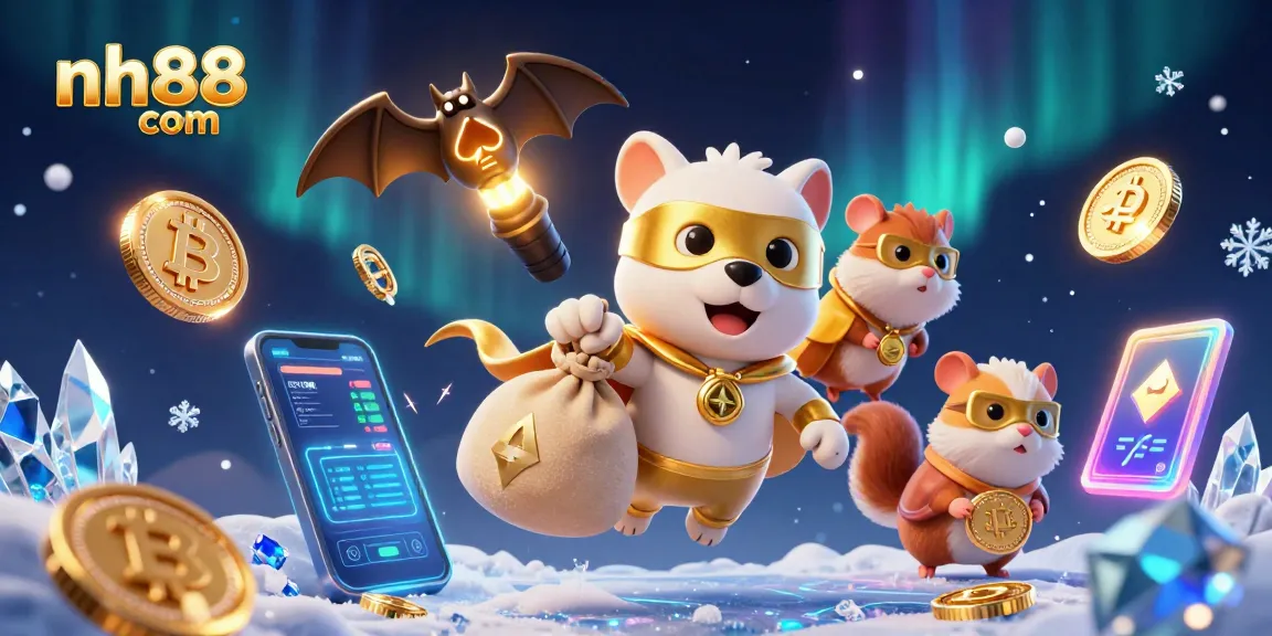Experience thrilling action at nh88 com, where the superhero dog and sidekick hamster flaunt their casino wins amidst vibrant neon elements.