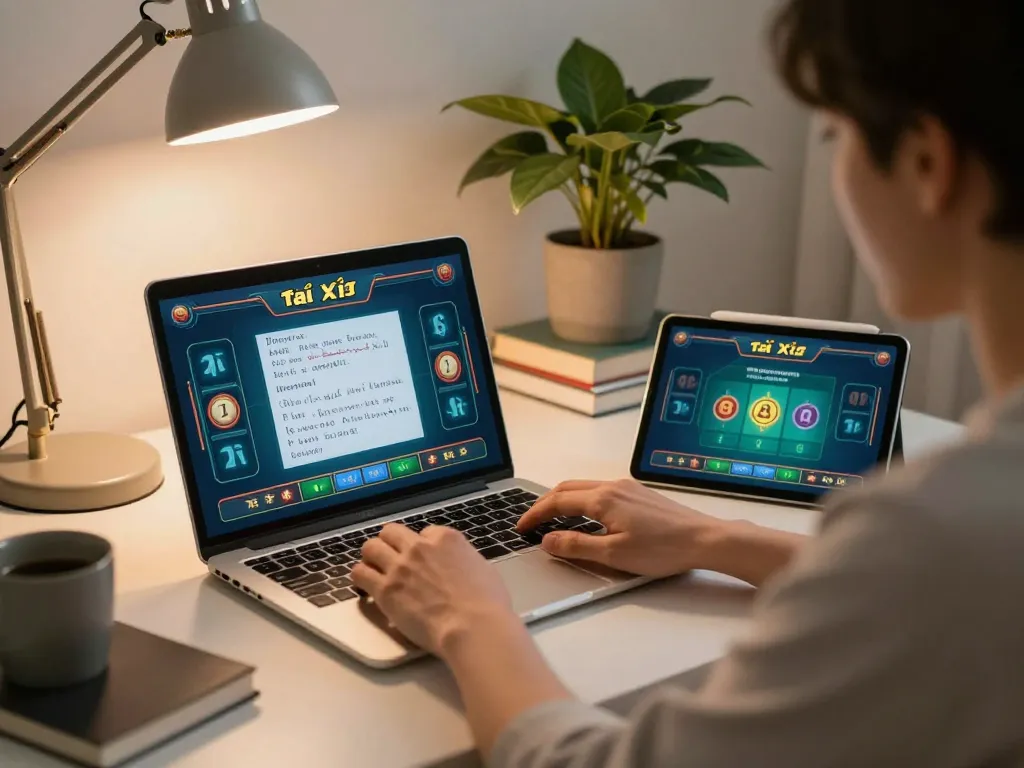 Tài xỉu online gameplay from a cozy home office, showcasing betting strategy and engagement.