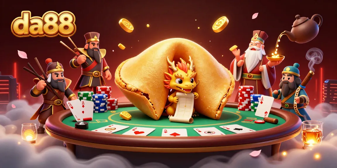 da88 poker scene with a giant fortune cookie, wise dragon, and chopstick warriors protecting the treasure