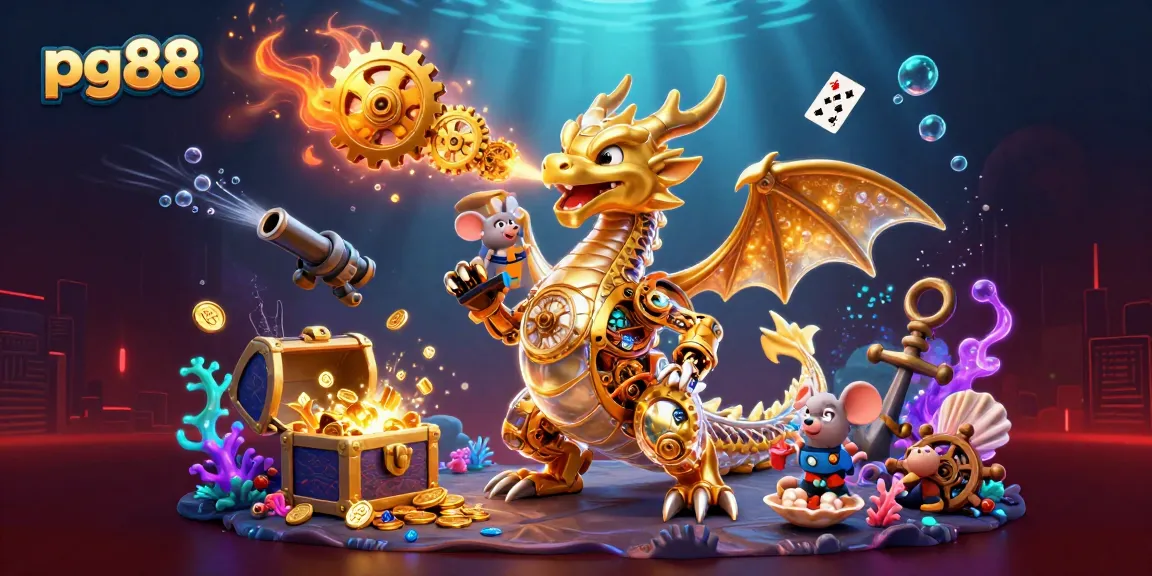 Experience thrilling action at pg88's 3D gaming scene featuring a biomechanical dragon and vibrant underwater treasures.