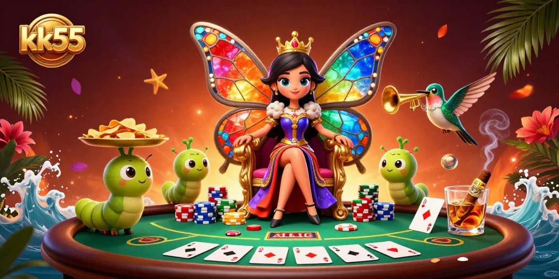 Experience thrilling poker action with kk55's vibrant 3D illustration of a queen and her colorful entourage.