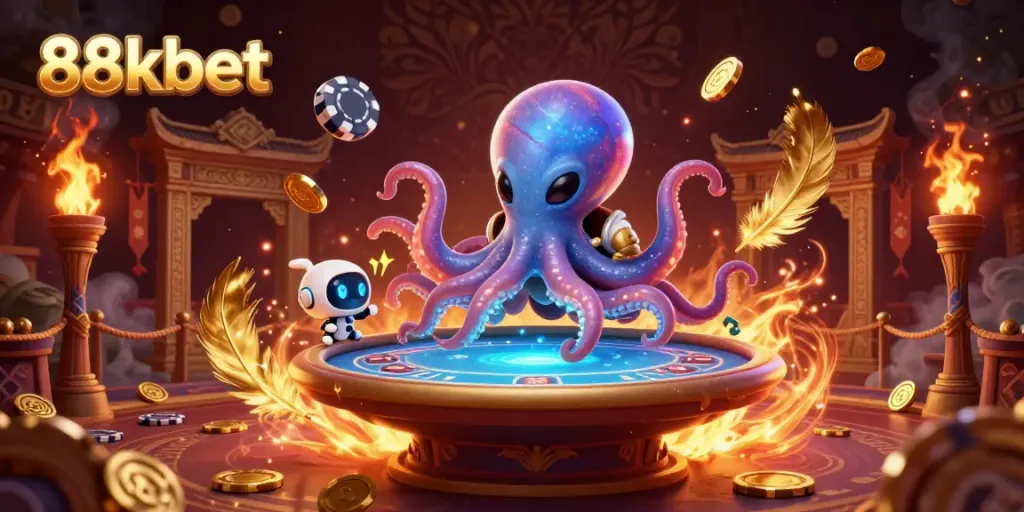 Engage with the thrilling atmosphere of 88kbet as an alien octopus plays poker in a vibrant casino scene.