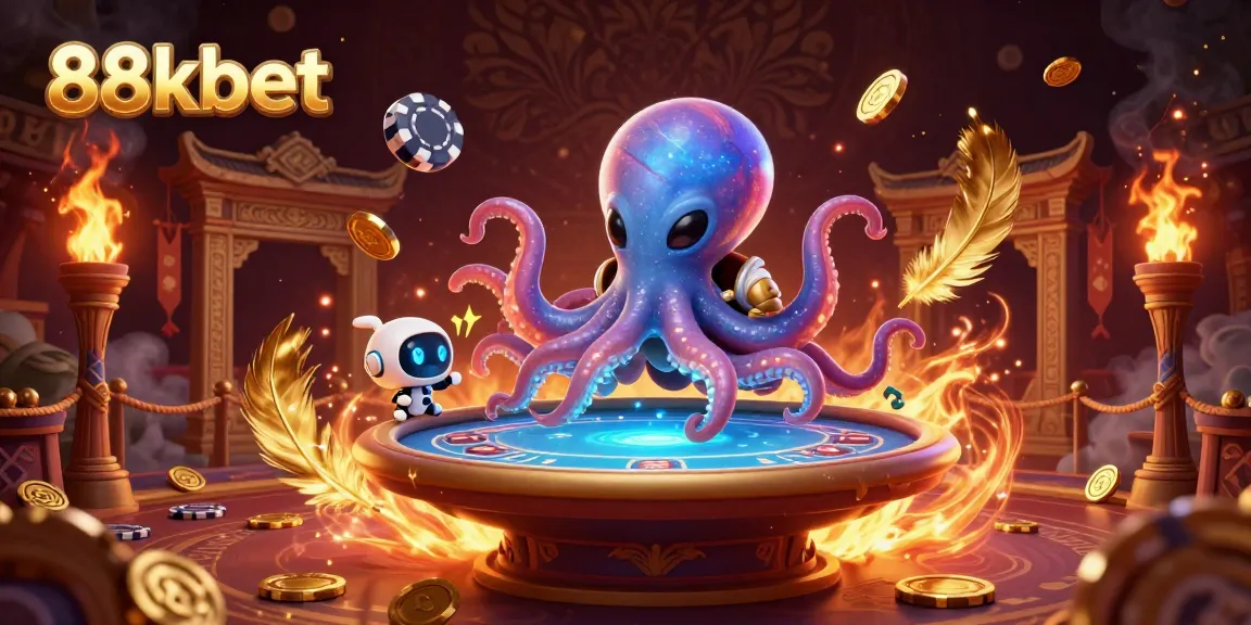 Engage with the thrilling atmosphere of 88kbet as an alien octopus plays poker in a vibrant casino scene.