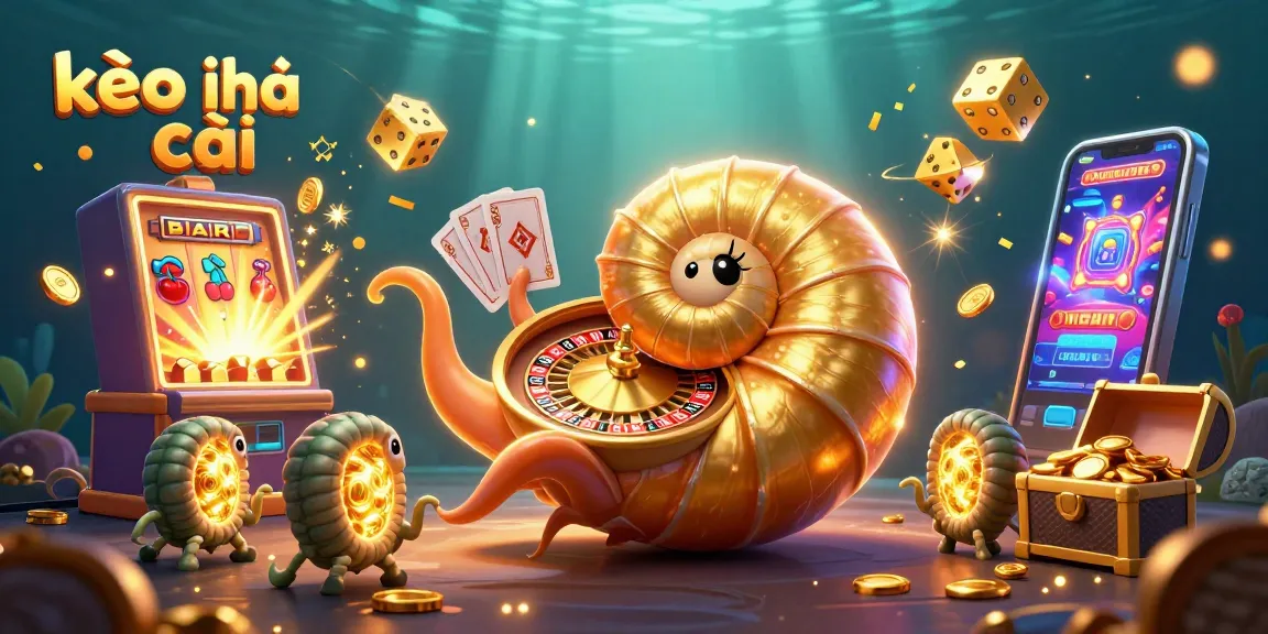 Bettors exploring kèo nhà cái with a vibrant casino scene featuring a nautilus roulette wheel, cards, and jackpot elements