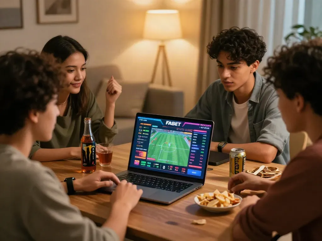Diverse friends enjoying the excitement of online betting on FABET, with engaging graphics and a cozy atmosphere.