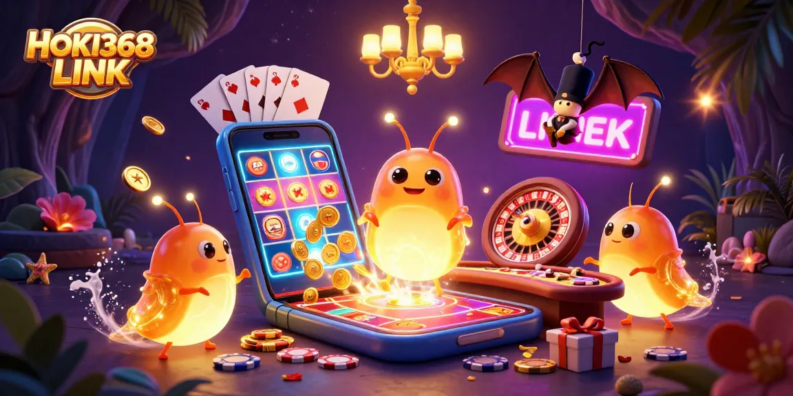 Experience the vibrancy of HOKI368 LINK with glowworms illuminating a lively casino scene.