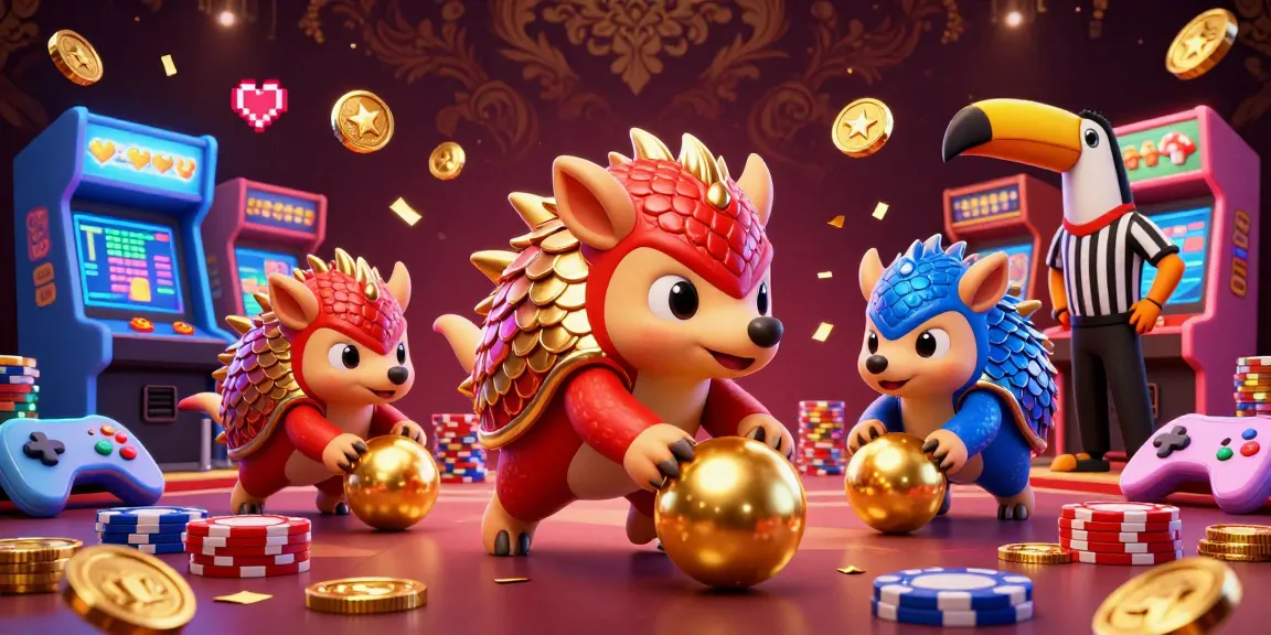 Engage with mitomtv in a vibrant 3D casino world featuring rival pangolins, poker chips, and arcade elements.