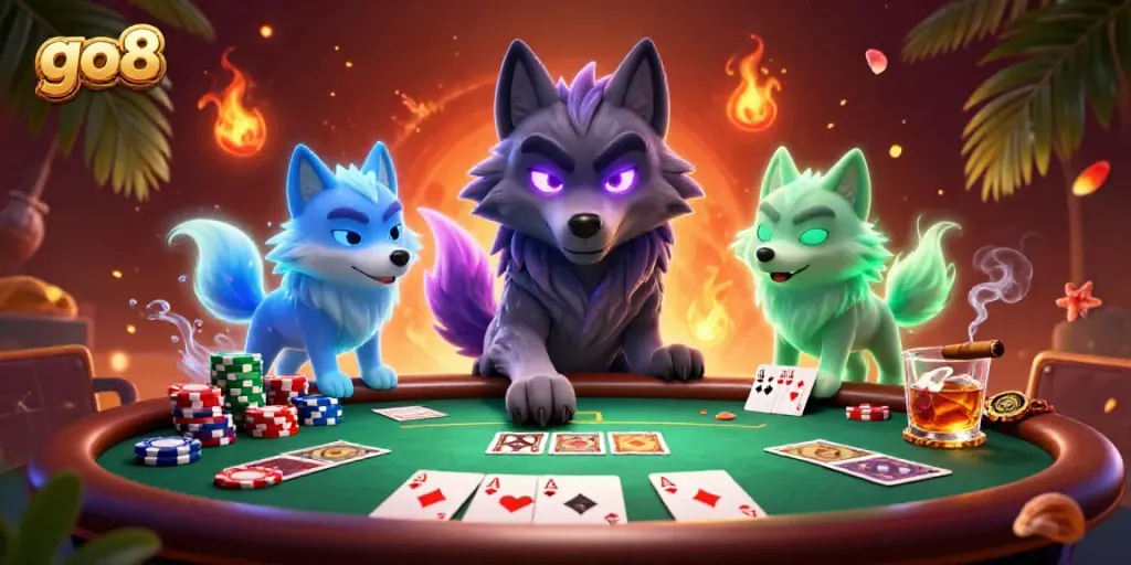 Join the action at go8 with lively characters amidst a poker table, colorful chips, and vibrant casino energy.