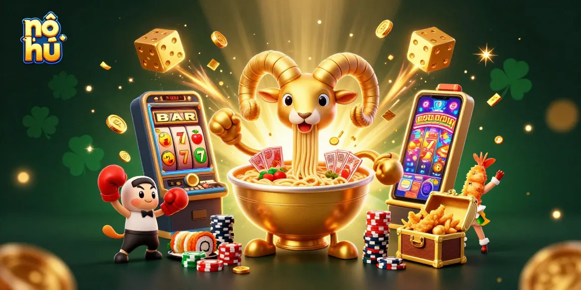 Experience the thrill of nổ hũ in this vibrant casino illustration, showcasing exciting jackpot elements and playful characters.