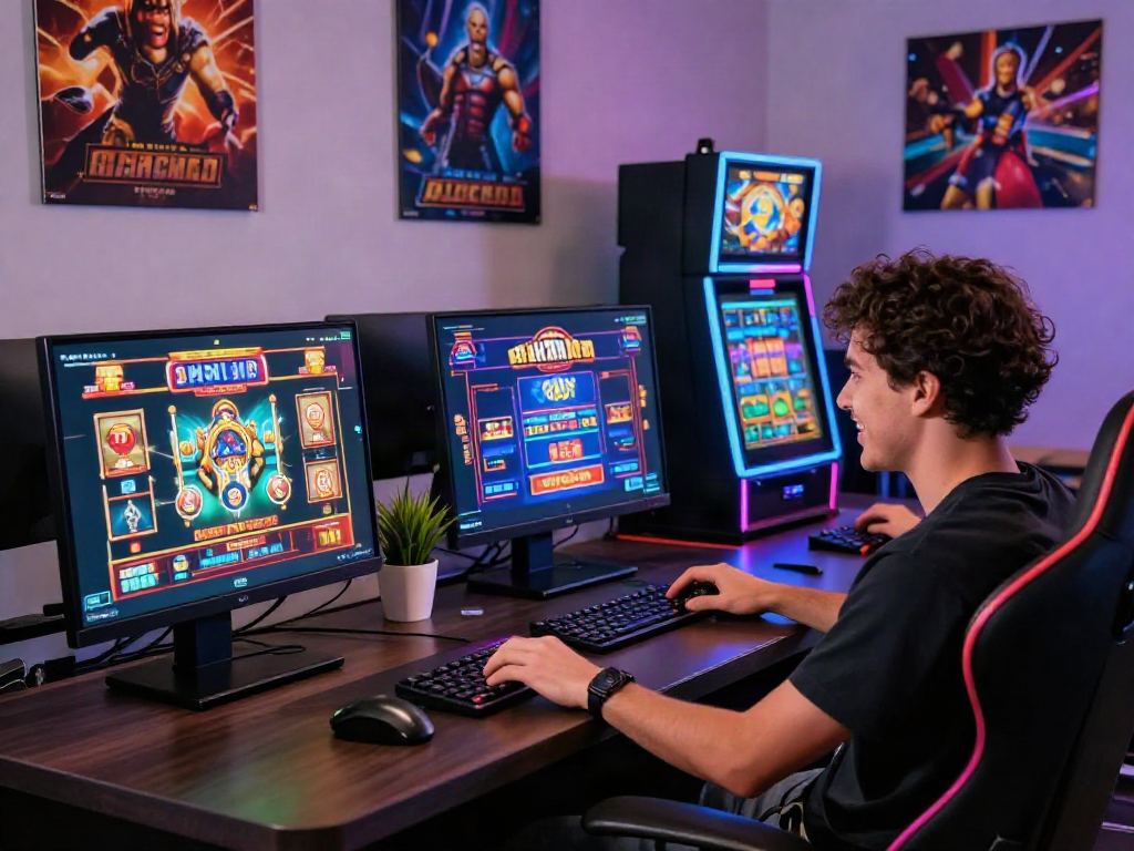Engaged player exploring bonus sans depot casino options on a colorful gaming setup.