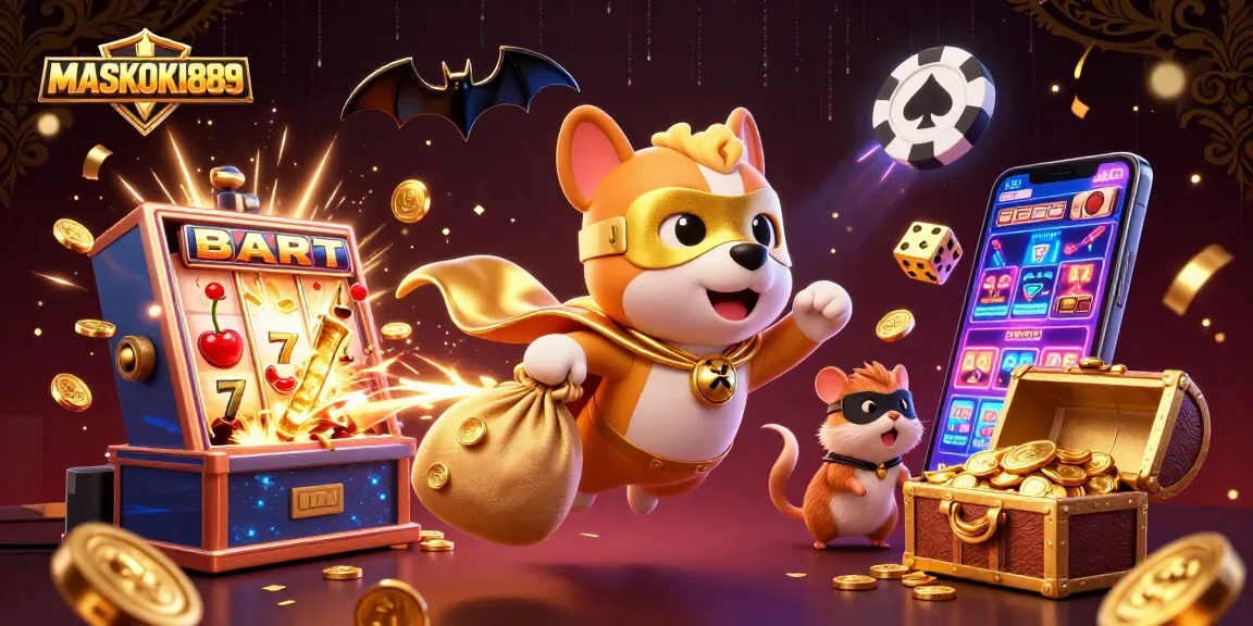 MASKOKI889 showcases a vibrant casino-themed illustration with a superhero dog and hamster, promoting exciting gaming.