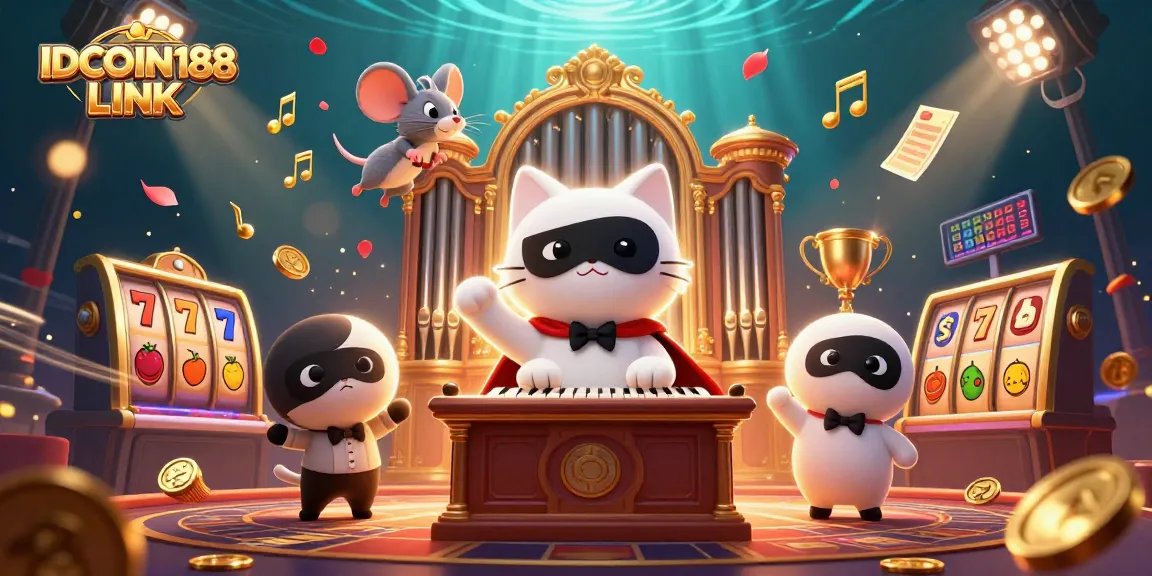Win big at IDCOIN188 LINK with this vibrant casino scene showcasing a phantom cat at an ornate pipe organ, complete with slot elements.