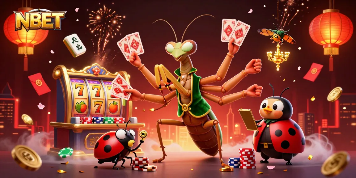 Experience thrilling gaming action with NBET as the praying mantis card sharp deals cards and pours champagne.
