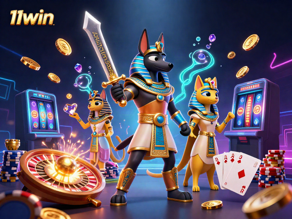Experience the thrill of 11win as Anubis and Bastet come alive amidst cascading coins and sparkling gems.