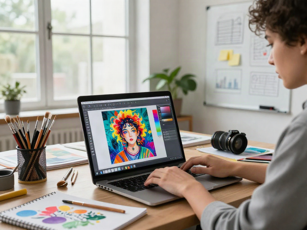 Dynamic workspace illustrating image to image ai technology in digital art creation.