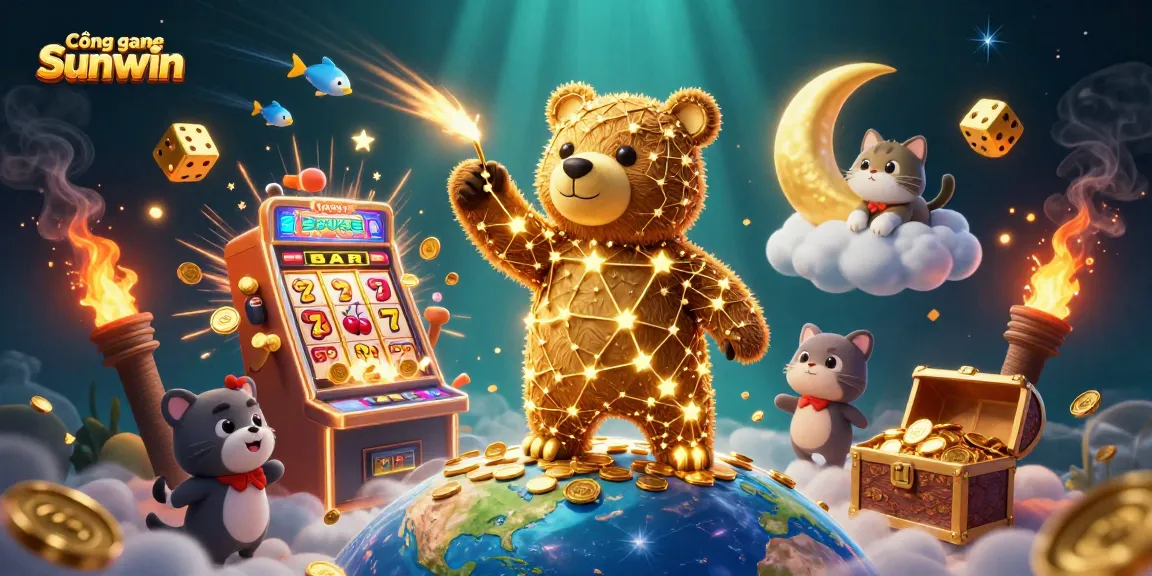 Experience excitement at Cổng game Sunwin with vibrant 3D illustrations of gaming action and rich elements.