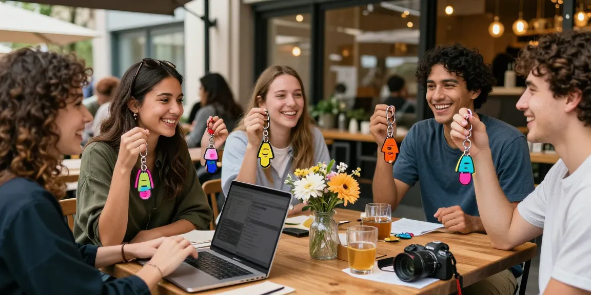 Friends showing customised keychains at a cafe, reflecting personal styles.