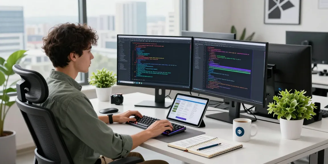 Dynamic tech workspace with developer coding at dual monitors, telegraimin.com interface visible.