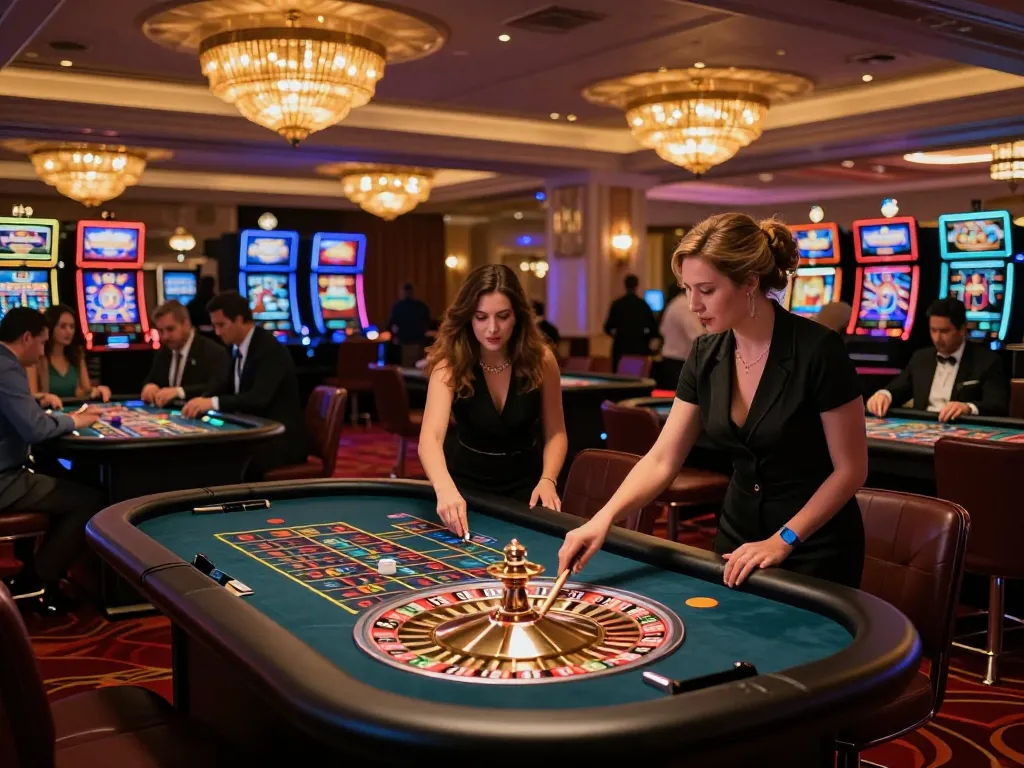VT88 experienced players betting at vibrant roulette tables in a glamorous casino.