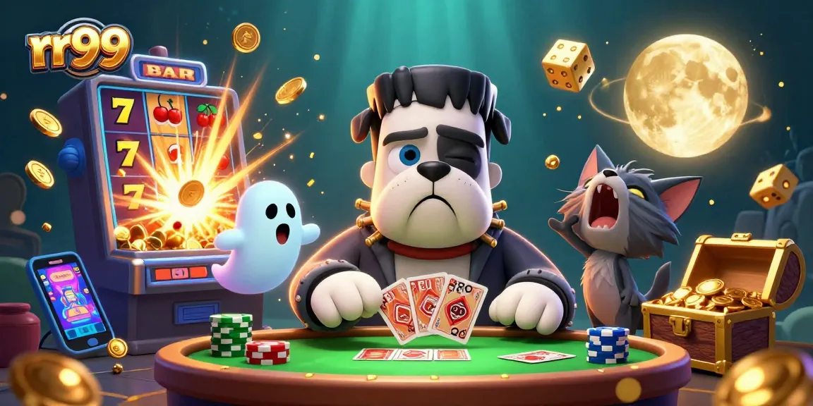 rr99 players enjoy captivating games at a colorful casino with cartoon characters and a jackpot explosion.