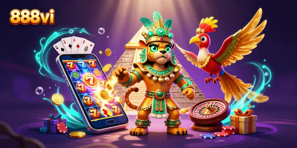 Engage in thrilling gaming adventures with 888vi's vibrant casino atmosphere featuring Mayan symbols.