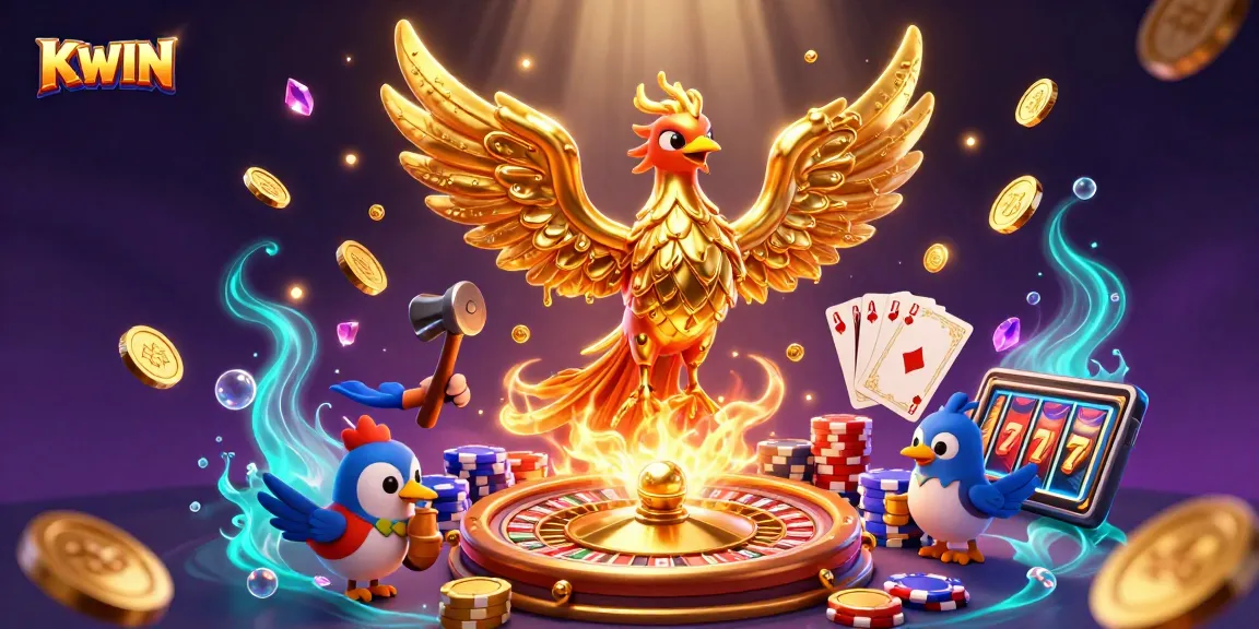 KWIN's magical phoenix emerges amidst golden coins and vibrant casino elements, symbolizing luck and wealth.