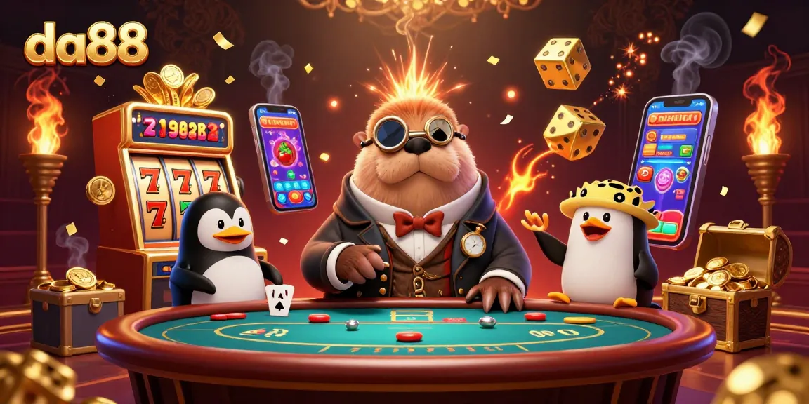 Experience the excitement at da88 with a jolly walrus playing poker amidst a vibrant casino scene.