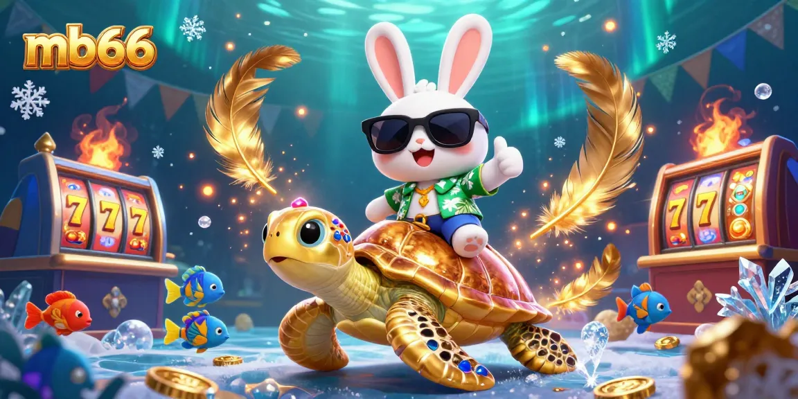 Engage in thrilling slots at mb66 with a lively cartoon scene featuring a lucky rabbit and golden turtle.