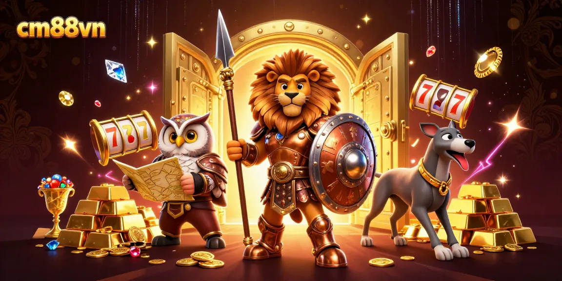 Experience thrilling gaming at cm88vn with slot reels, treasure vaults, and lively characters in action.