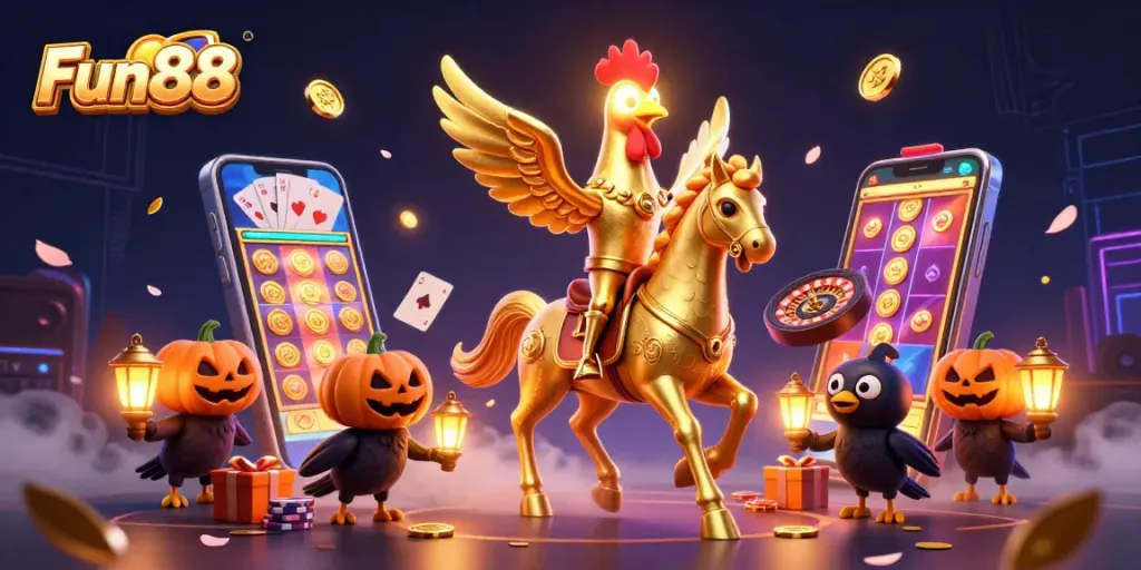 Engage in thrilling Fun88 casino experiences with golden rooster and dynamic game imagery.