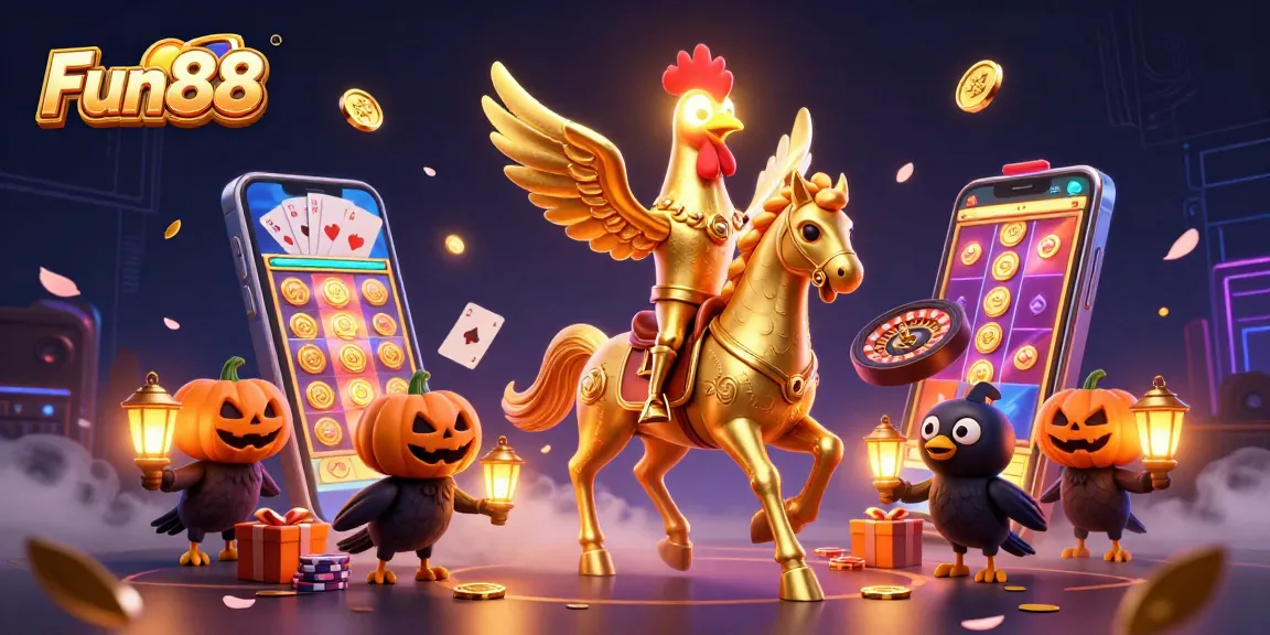 Engage in thrilling Fun88 casino experiences with golden rooster and dynamic game imagery.