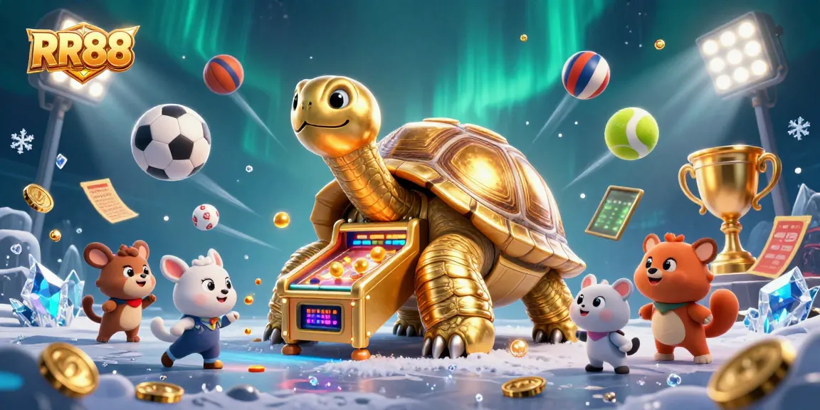 Engage with the thrilling gaming experience at RR88, featuring a golden tortoise and dynamic sports elements.
