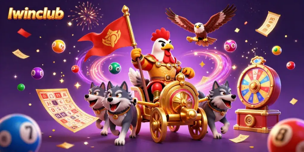 Iwinclub showcases exciting casino elements with colorful balls and a dynamic golden warlord scene.