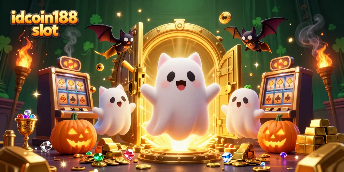 Experience the thrilling idcoin188 slot adventures with a ghost cat and vampire bat in a haunted casino.