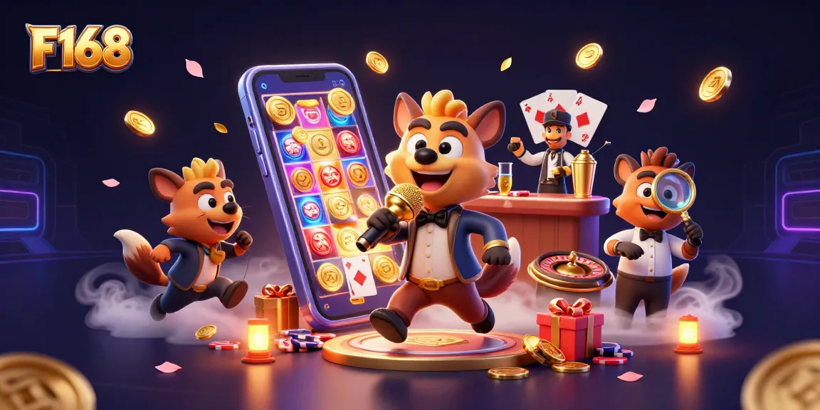 F168 brings excitement with a lively 3D illustration of hyena characters in a vibrant casino scene.