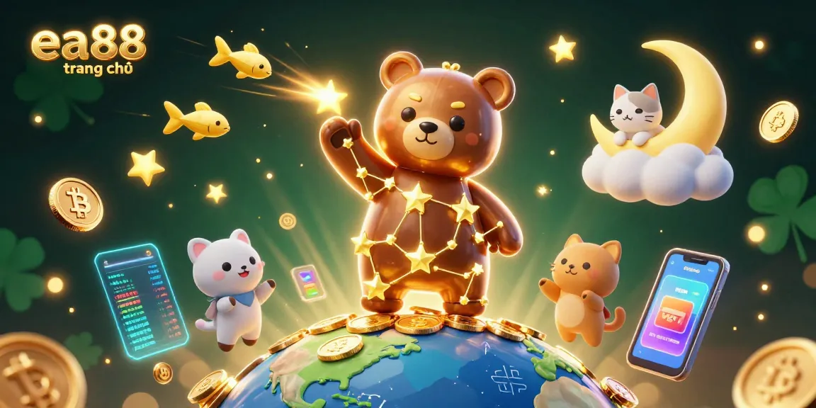 Experience the thrill of ea88 trang chủ with a stunning 3D cartoon scene of a constellation bear, crypto coins, and dynamic gaming elements.