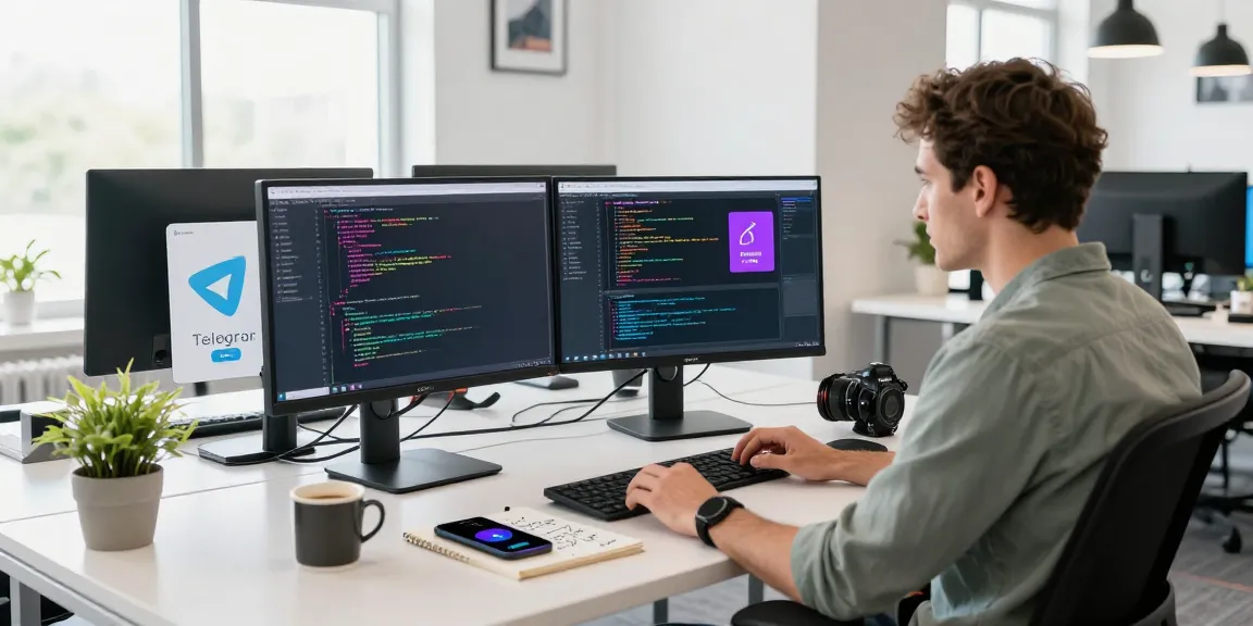 Discover Telegram Download features in a dynamic tech workspace with a developer coding.