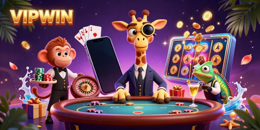 Engaging illustration of VIPWIN live casino scene with high-roller giraffe and vibrant gaming elements.