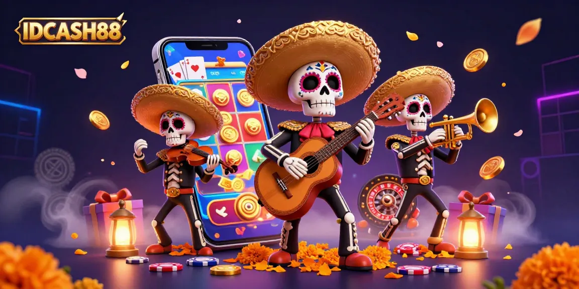 Engage with IDCASH88's dynamic gaming world featuring a lively mariachi band amidst colorful casino elements.