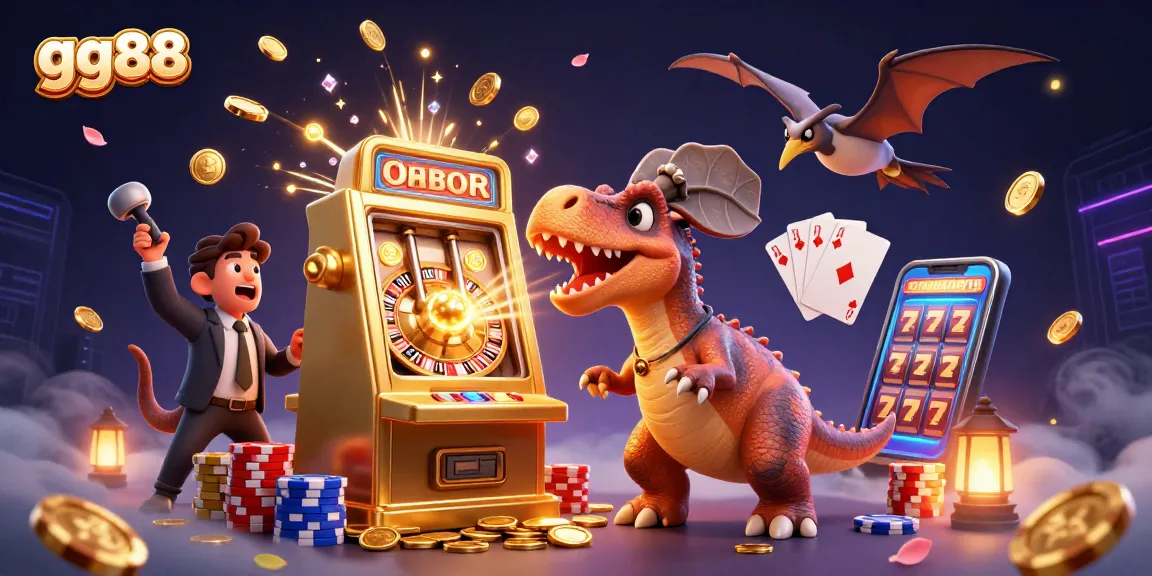 Experience the thrill of gg88 as a pachycephalosaurus wins jackpots with a golden slot machine in this dynamic casino scene.