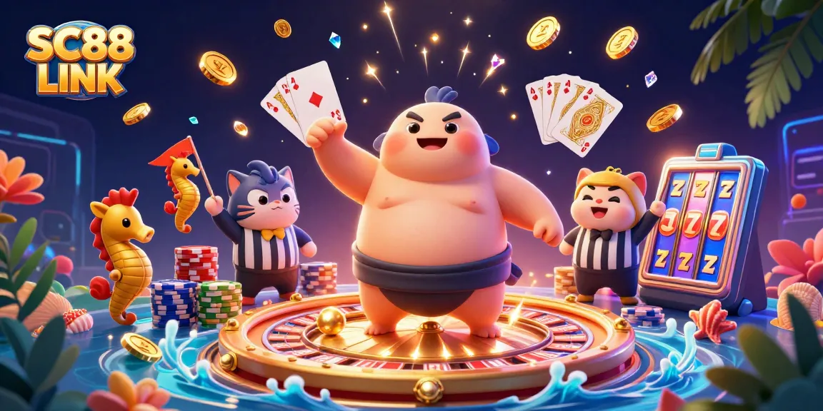 Engage with SC88 LINK at an exciting underwater casino scene featuring characters and vibrant casino elements.