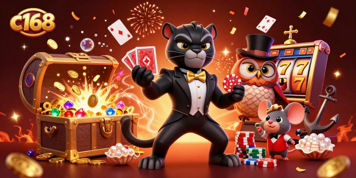 Experience the vibrant excitement of c168 with a stylish black panther dealer, covered in poker action.