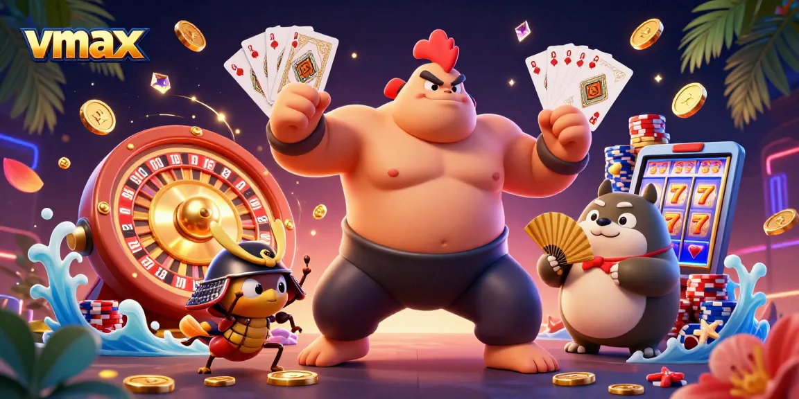 Join the adventure at vmax with a powerful rooster wrestler, samurai cricket, and colorful casino elements.