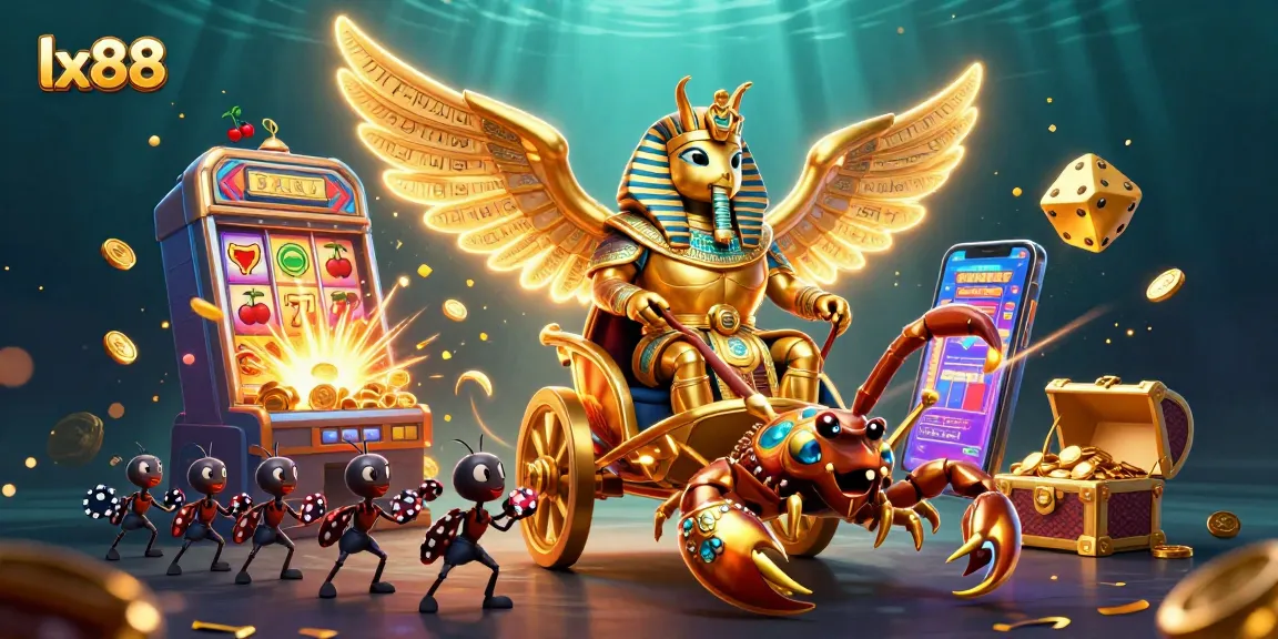 lx88 showcases a lavish 3D casino scene featuring a golden beetle and scorpions with vibrant game elements.