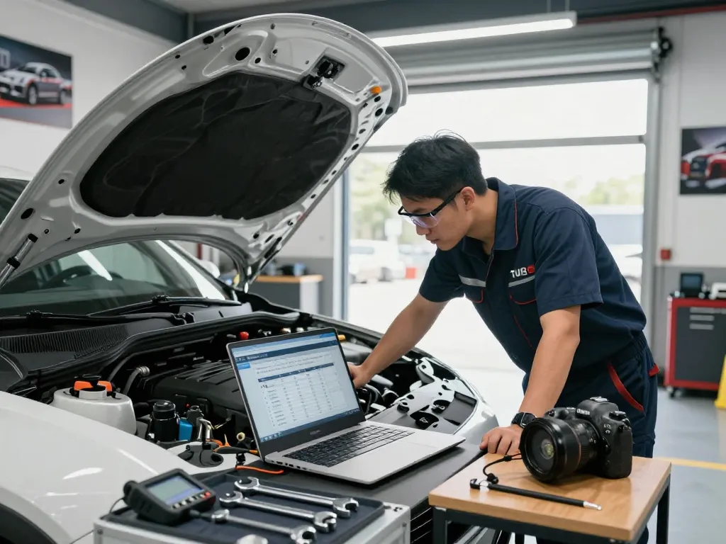 Thorough Turo inspection near me being conducted in a professional garage with a technician and tools