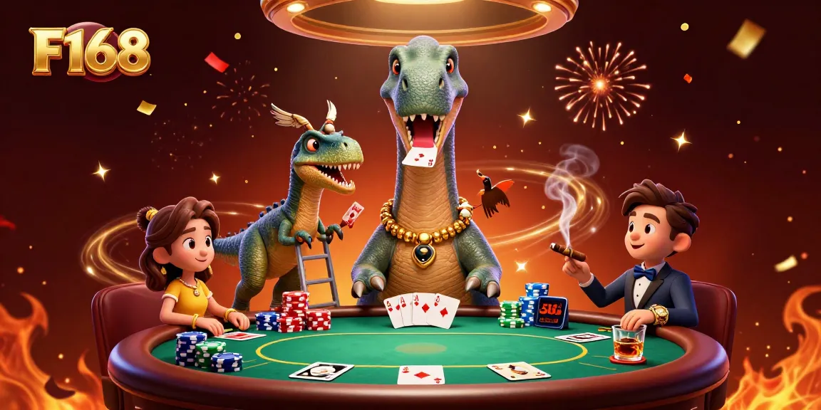 Engage with F168 in an exciting poker scene, featuring dynamic characters and vibrant casino elements.