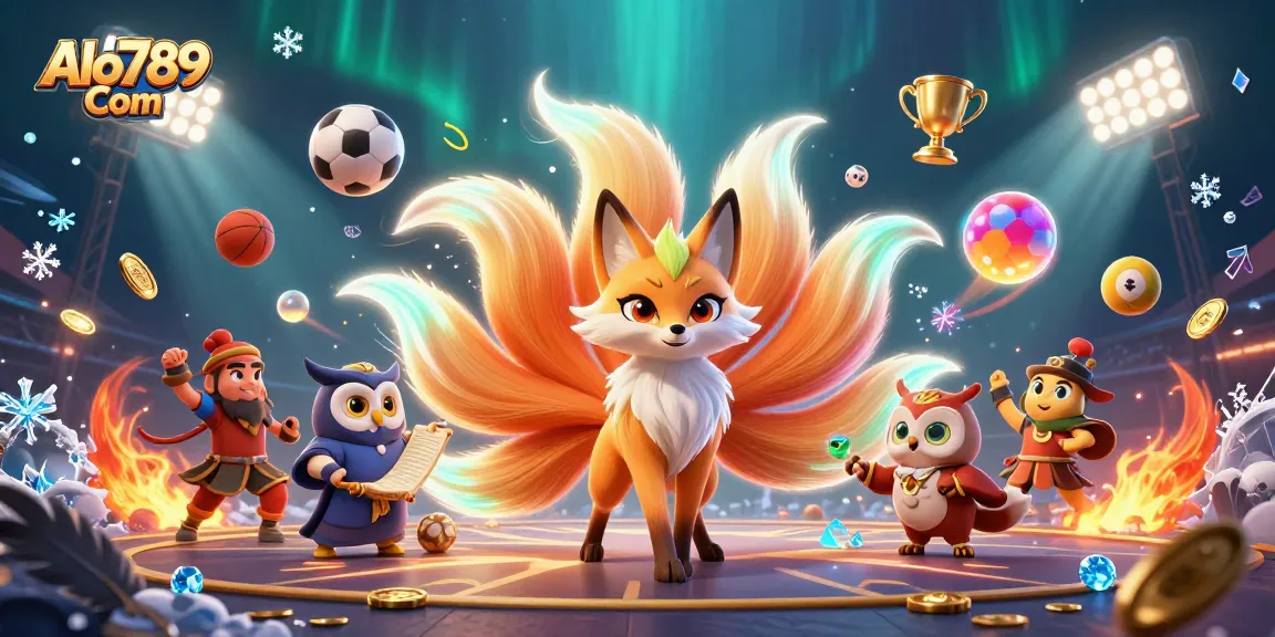 Experience betting excitement with Alo789 Com, featuring a colorful nine-tailed fox and sports elements.