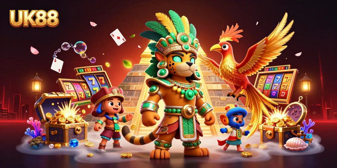 Experience the excitement of UK88 with vibrant 3D illustration featuring slots and jackpots.