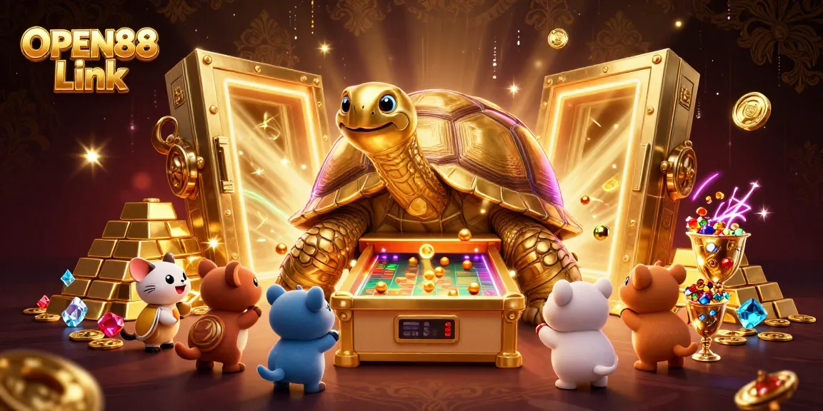Experience the excitement of OPEN88 Link with a vibrant 3D scene showcasing a colossal golden tortoise and treasures.