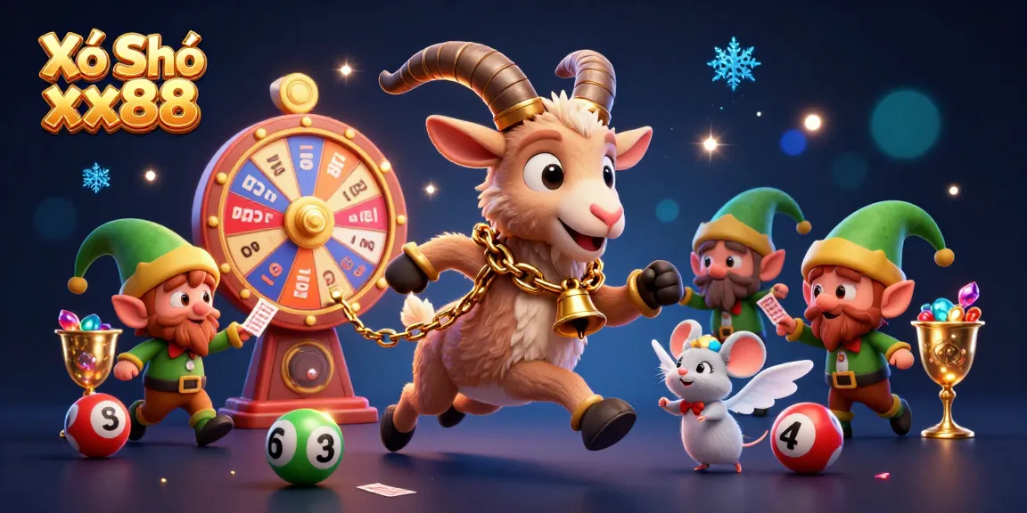 Xổ Số xx88 promotional lottery scene with Krampus goat, winning lottery balls, and playful elves stealing tickets.